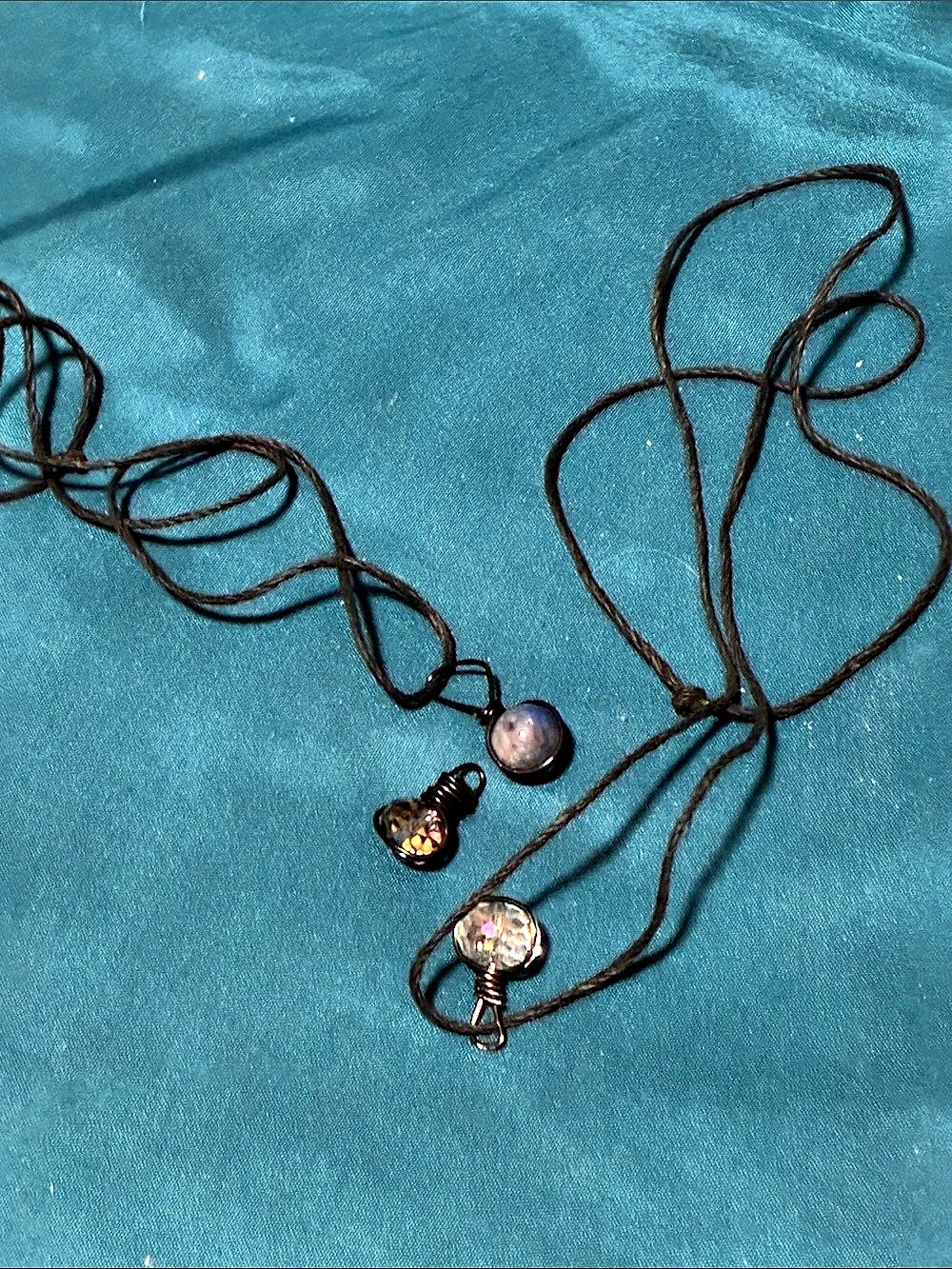 Wire-Wrapped Pendant Necklace Set Black, Blue,Clear Hand Made